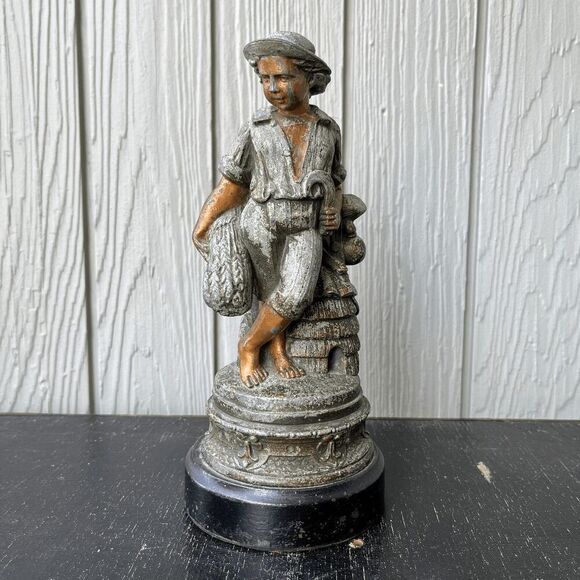 Vintage Pewter Boy with Beehive Statue Painted Folk Art Decor - Picture 1 of 11
